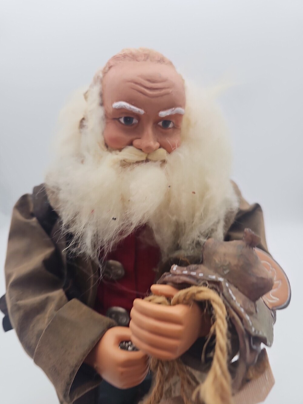 Vtg Western Cowboy Santa Claus 18" Figurine Wood Base Duster Coat holding Saddle